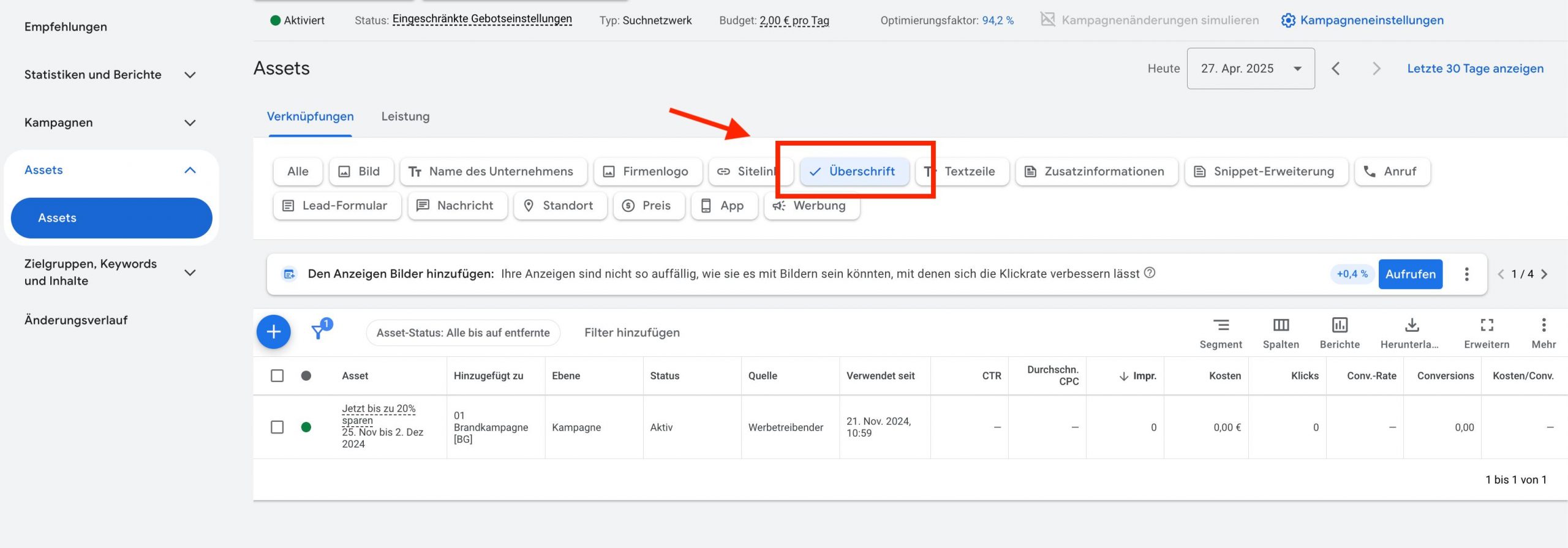 Google Ads Kampagnen Asset "Überschrift" für die Bewerbung von Sales oder Aktionen.
