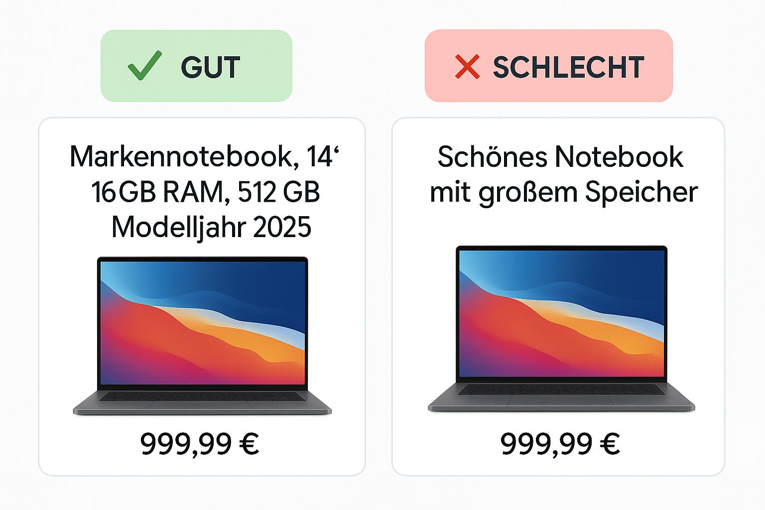 Vergleich von gutem und schlechtem Google Shopping Produkttitel